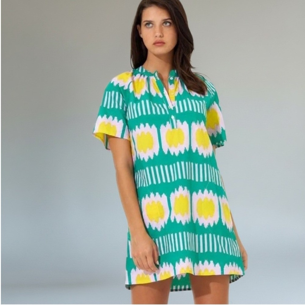 Oliphant Pocket Dress Ikat Green Short Sleeve Boho Summer Coastal Vacation L